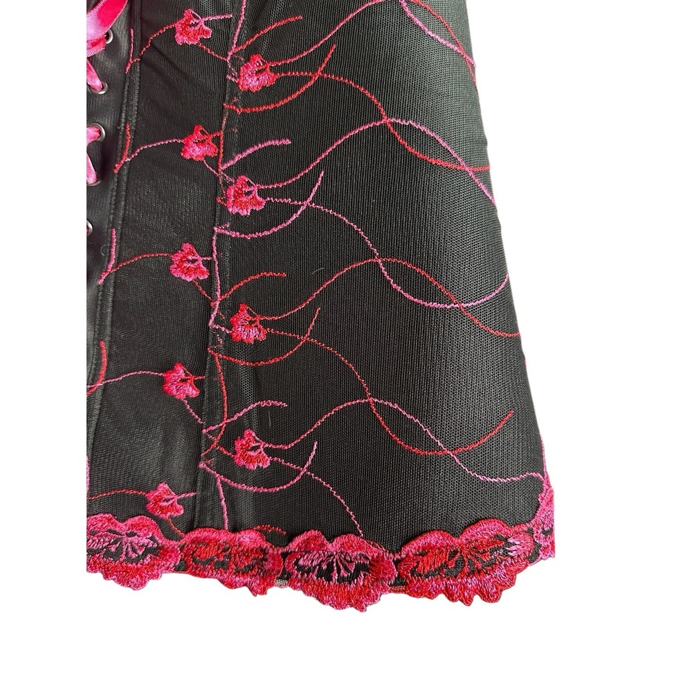 Cacique Strapless Lace Up Corset Black Pink Embroidered 18 20 Fairy Whimsy Fem - Picture 3 of 7